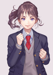 Rule 34 | 1girl, arms up, black jacket, blazer, brown hair, cardigan, cherico, clenched hands, closed mouth, commentary request, facing viewer, grey cardigan, highres, jacket, lips, long sleeves, looking at viewer, necktie, open clothes, original, ponytail, purple eyes, red necktie, school uniform, shirt, simple background, smile, solo, upper body, white background, white shirt