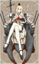 Rule 34 | 10s, 1girl, art nouveau, bare shoulders, blonde hair, blue eyes, boushi-ya, braid, breasts, character name, cleavage, corset, crossed legs, crown, dress, french braid, garter straps, globus cruciger, hair between eyes, hairband, holding, jewelry, kantai collection, large breasts, long hair, machinery, md5 mismatch, mini crown, necklace, off-shoulder dress, off shoulder, resolution mismatch, revision, scepter, sitting, smile, solo, source smaller, staff, thighhighs, throne, turret, warspite (kancolle), white thighhighs