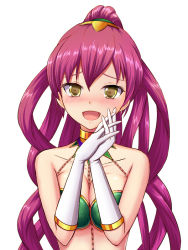 Rule 34 | 1girl, :d, bad id, bad pixiv id, bare shoulders, bikini, blush, breasts, chain, character request, cleavage, collarbone, detached collar, gloves, hair ornament, long hair, looking at viewer, medium breasts, nose blush, open mouth, own hands clasped, own hands together, purple hair, sayashi (type5 labyrith), smile, solo, split ponytail, swimsuit, upper body, white background, white gloves, yellow eyes, yurudorashiru