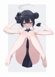 Rule 34 | 1girl, absurdres, armpits, arms up, barefoot, black dress, black gloves, black hair, blue archive, blush, braid, braided bun, breasts, butterfly hair ornament, china dress, chinese clothes, dongye1551, double bun, dragon print, dress, feet, gloves, grey background, grey eyes, grey halo, hair bun, hair ornament, halo, highres, kisaki (blue archive), knees together feet apart, knees up, legs, long hair, looking at viewer, pelvic curtain, print dress, simple background, sleeveless, sleeveless dress, solo, toenails, toes, twintails, two-tone background, white background