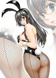 Rule 34 | 1girl, animal ears, ass, back, bare shoulders, bespectacled, black hair, black leotard, black pantyhose, blue eyes, bow, bowtie, breasts, censored, commentary request, detached collar, ears visible through hair, eyelashes, fake animal ears, fishnet pantyhose, fishnets, flashing, from behind, glasses, hair between eyes, kantai collection, legs, legs together, leotard, leotard pull, long hair, looking at viewer, looking back, medium breasts, mosaic censoring, multiple views, ooyodo (kancolle), open mouth, pantyhose, parted lips, pink lips, playboy bunny, pointless censoring, pulling own clothes, rabbit ears, rabbit tail, semi-rimless eyewear, shinobu (tyno), shiny skin, shoulder blades, solo, standing, strapless, strapless leotard, tail, thighs, under-rim eyewear, wrist cuffs, zoom layer