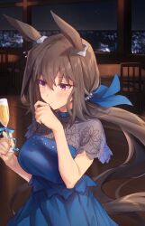 Rule 34 | 1girl, admire vega (umamusume), alcohol, animal ears, blue dress, blue ribbon, blush, breasts, brown hair, champagne flute, closed mouth, commentary request, cup, dress, drinking glass, hair between eyes, hair ribbon, highres, holding, holding cup, horse ears, horse girl, horse tail, indoors, large breasts, long hair, night, night sky, pink eyes, ponytail, ribbon, short sleeves, sky, solo, starheart, tail, umamusume