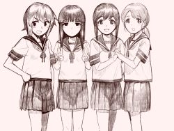 Rule 34 | 10s, 4girls, arm at side, blunt bangs, blush, double v, fubuki (kancolle), half-closed eyes, hand on own hip, hand up, hatsuyuki (kancolle), holding hands, interlocked fingers, kantai collection, long hair, looking at viewer, low twintails, miyuki (kancolle), monochrome, multiple girls, open mouth, pleated skirt, school uniform, serafuku, shiden (sashimi no wife), shirayuki (kancolle), short hair, short sleeves, sidelocks, simple background, sketch, skirt, smile, tareme, twintails, v