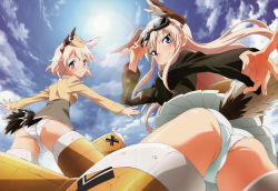 Rule 34 | absurdres, animal ears, ass, blonde hair, blue eyes, hanna-justina marseille, head wings, highres, long hair, looking back, panties, raisa pottgen, short hair, strike witches, tail, underwear, wings, world witches series