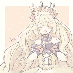 Rule 34 | 1girl, bare shoulders, blonde hair, bow, butterfly hair ornament, celine (fire emblem), closed eyes, crown, dress, facing viewer, fire emblem, fire emblem engage, flower, hair flower, hair ornament, hands on own chest, happy tears, long hair, nintendo, no kya, open mouth, solo, tears, upper body, very long hair, wrist bow