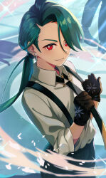 Rule 34 | 1boy, 1girl, black gloves, black necktie, black pants, bright pupils, collared shirt, commentary request, creatures (company), earrings, game freak, glint, gloves, green hair, grey shirt, hachimitsu monte, hair between eyes, hands up, highres, jewelry, long hair, necktie, nintendo, pants, parted lips, pokemon, pokemon sv, red eyes, rika (pokemon), shirt, smile, standing, stud earrings, suspenders, white pupils