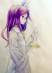 Rule 34 | 1girl, asakura rikako, closed mouth, commentary request, flat chest, from side, glasses, hair ribbon, hairband, hand in pocket, hand up, holding, holding test tube, kaigen 1025, lab coat, long hair, long sleeves, necktie, painting (medium), purple eyes, purple hair, ribbon, round eyewear, shirt, simple background, test tube, touhou, touhou (pc-98), traditional media, upper body, watercolor (medium), white background, white hairband, white ribbon, white shirt, yellow necktie