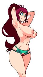 Rule 34 | 1girl, armpits, arms behind head, arms up, belly, breasts, curvy, eyebrows, female pubic hair, green eyes, highres, inverted nipples, large breasts, long hair, nipples, panties, ponytail, pubic hair, pussy, pyrrha nikos, red hair, rwby, smile, solo, stomach, underwear, wide hips