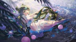 Rule 34 | 1girl, absurdres, breasts, chinese commentary, cleavage, commentary request, double bun, green eyes, green hair, hair bun, highres, large breasts, long hair, open mouth, partially submerged, rafaelaaa, shiue (world flipper), solo, twintails, very long hair, water, world flipper