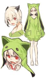 Rule 34 | 1girl, :d, blood, blood on face, closed mouth, collarbone, dress, green dress, hair between eyes, holding, hood, hood up, horns, long sleeves, multiple views, open mouth, original, red eyes, simple background, sleeves past fingers, sleeves past wrists, smile, standing, white background, white hair, yuuji (yukimimi)