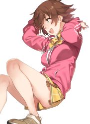 Rule 34 | 1girl, 92m, :d, arms up, ass, bare legs, blush, bow, bowtie, breasts, brown footwear, brown hair, collared shirt, commentary request, from side, green eyes, happy, highres, honda mio, hood, hooded jacket, hooded track jacket, idolmaster, idolmaster cinderella girls, jacket, legs, long sleeves, looking to the side, medium breasts, open mouth, pink jacket, pleated skirt, school uniform, shirt, shoes, short hair, simple background, skirt, smile, sneakers, solo, teeth, track jacket, upper teeth only, white background, white shirt, yellow bow, yellow bowtie, yellow shirt