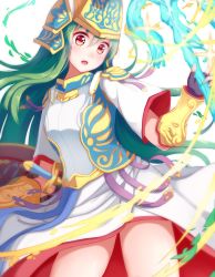 Rule 34 | 1girl, athena (p&amp;d), blush, dress, fingerless gloves, gauntlets, gloves, green hair, helmet, highres, igayan, long hair, long sleeves, open clothes, open mouth, open vest, puzzle &amp; dragons, red eyes, revision, solo, sword, very long hair, vest, weapon, white dress, wide sleeves