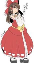 Rule 34 | 1girl, ascot, black footwear, blush, brown hair, closed mouth, collared shirt, commentary request, cookie (touhou), crossed arms, dated, detached sleeves, expressionless, frilled shirt collar, frills, full body, hakurei reimu, highres, kanna (cookie), long hair, looking at viewer, looking to the side, okobo, one eye closed, petite, red eyes, red shirt, red skirt, sandals, shirt, sidelocks, simple background, skirt, sleeveless, sleeveless shirt, socks, solo, standing, tabi, tetugakuzonbi, touhou, translation request, white background, white sleeves, white socks, wide sleeves, yellow ascot