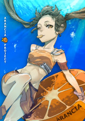 Rule 34 | 1girl, arancia, bare shoulders, brown hair, food, fruit, laio, midriff, miniskirt, mouth hold, orange (fruit), orange eyes, orange skirt, orange slice, orange theme, original, skirt, solo, twintails, underwater, wrist cuffs