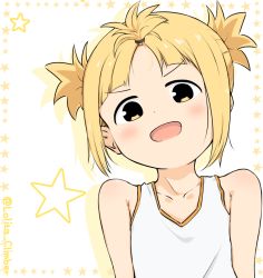 Rule 34 | &gt;:d, 10s, 1girl, :d, bangs pinned back, bare shoulders, blonde hair, collarbone, commentary request, cosplay, forehead, head tilt, kise saki, look-alike, mitsuboshi colors, open mouth, voice actor connection, shakunetsu no takkyuu musume, short hair, short twintails, silhouette, smile, solo, star (symbol), starry background, tank top, tenka hanabi, tenka hanabi (cosplay), twintails, twitter username, upper body, v-shaped eyebrows, yellow eyes, youjo climber