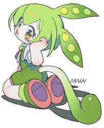 Rule 34 | 1girl, animal nose, blush stickers, chestnut mouth, commentary, from behind, full body, green footwear, green hair, green shorts, hand up, highres, kneeling, looking at viewer, looking back, nankai (nankai san), open mouth, shadow, shirt, shoes, short hair, short sleeves, shorts, signature, solo, suspender shorts, suspenders, tail, voicevox, white background, white shirt, yellow eyes, zundamon