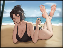 Rule 34 | 1girl, ana xenakis, barefoot, beach, black eyes, black hair, breasts, cleavage, feet, glasses, grief (series), highres, jewelry, large breasts, light blush, long hair, looking at viewer, lying, on stomach, one-piece swimsuit, pazixia, smile, soles, solo, swimsuit, the pose, toe ring, toes