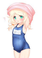 Rule 34 | 1girl, ?, armpits, arms up, blonde hair, blouse, blue one-piece swimsuit, blush, clothes lift, covered navel, duplicate, green eyes, highres, hosizora mikoto, idolmaster, idolmaster cinderella girls, lifted by self, long hair, name tag, old school swimsuit, one-piece swimsuit, open mouth, pink shirt, pixel-perfect duplicate, school swimsuit, shirt, shirt lift, simple background, solo, stomach, swimsuit, swimsuit under clothes, thighs, twintails, undressing, white background, yusa kozue