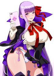 Rule 34 | 10s, 1girl, :d, bb (fate), bb (fate/extra), black thighhighs, blush, breasts, cameltoe, cellphone, clothes lift, fate/extra, fate/extra ccc, fate (series), gloves, highres, komusou (jinrikisha), large breasts, lifted by self, long hair, looking at viewer, open mouth, panties, phone, purple eyes, purple hair, side-tie panties, simple background, skirt, skirt lift, smartphone, smile, solo, striped clothes, striped panties, teeth, thighhighs, underwear, white background, white gloves