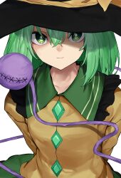 Rule 34 | 1girl, black hat, buttons, closed mouth, collared shirt, diamond button, frilled shirt collar, frills, green eyes, green hair, hair between eyes, hat, hat ribbon, highres, komeiji koishi, long hair, looking at viewer, pocche-ex, ribbon, shirt, simple background, smile, solo, third eye, touhou, upper body, white background, yellow ribbon, yellow shirt