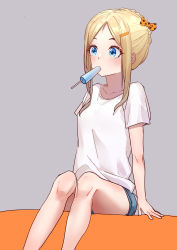 Rule 34 | 1girl, abigail williams (fate), absurdres, blonde hair, blue eyes, blue shorts, bow, braid, breasts, collarbone, fate/grand order, fate (series), food, forehead, french braid, grey background, hair bow, hair ornament, hairclip, highres, long hair, mouth hold, orange bow, parted bangs, polka dot, polka dot bow, popsicle, sao7, shirt, short shorts, short sleeves, shorts, sidelocks, small breasts, solo, thighs, white shirt