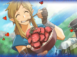 Rule 34 | 1boy, ^ ^, arm strap, blonde hair, bowl, brown gloves, closed eyes, day, eating, closed eyes, fingerless gloves, food, gloves, happy, heart, link, low ponytail, male focus, meat, medium hair, nintendo, oka kana, outdoors, pointy ears, sidelocks, solo, spoon, the legend of zelda, the legend of zelda: breath of the wild, tunic