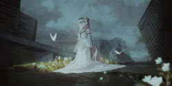 Rule 34 | 1girl, bare shoulders, black ribbon, blue eyes, blurry, blurry foreground, breasts, bride, bug, building, butterfly, chihuri, closed mouth, cloud, cloudy sky, commentary request, depth of field, detached sleeves, dress, flower, grey sky, hair between eyes, head wreath, highres, insect, lamppost, long hair, long sleeves, looking away, medium breasts, original, outdoors, overcast, ribbon, ruins, silver hair, sky, skyscraper, sleeveless, sleeveless dress, solo, standing, very long hair, white dress, white flower, white sleeves, wide shot, wide sleeves