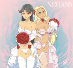 Rule 34 | 2girls, amachan, artist logo, blonde hair, bouquet, breasts, dark skin, dark-skinned female, dress, flower, gloves, green eyes, hair ornament, highres, holding, holding bouquet, jewelry, jiuchan, large breasts, lingerie, long hair, looking at viewer, multiple girls, navel, nchans, nchans style, necklace, panties, red eyes, silver hair, simple background, smile, underwear, wedding, wedding dress, wife and wife
