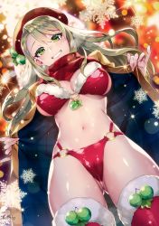 Rule 34 | 1girl, absurdres, artist name, beret, blonde hair, blush, bra, breasts, cameltoe, christmas, cleavage, coat, earrings, from below, fur trim, green eyes, grin, hat, highres, jewelry, large breasts, long hair, looking at viewer, looking down, melonbooks, navel, open clothes, open coat, open mouth, original, panties, plaid, plaid scarf, red bra, red hat, red panties, red scarf, red thighhighs, redrop, scan, scarf, smile, solo, standing, teeth, thighhighs, underwear