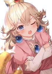 Rule 34 | 1girl, bad id, bad twitter id, blonde hair, blue eyes, blush, bowser, crossed arms, crown, earrings, elbow gloves, gloves, hair between eyes, highres, jewelry, long hair, looking at viewer, mario (series), nintendo, one eye closed, open mouth, princess peach, ryota (ry o ta), simple background, solo focus, sphere earrings, upper body, white background, white gloves