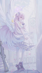 Rule 34 | 1girl, absurdres, angel wings, aspih sp, black footwear, blue archive, blush, capelet, closed mouth, crescent, crescent pin, dress, feathered wings, flower, frilled dress, frills, full body, gun, hair bun, hair flower, hair ornament, high heels, highres, long hair, mika (blue archive), pantyhose, pink hair, purple flower, purple scrunchie, scrunchie, single side bun, smile, solo, weapon, white capelet, white dress, white pantyhose, white wings, wings, wrist scrunchie, yellow eyes