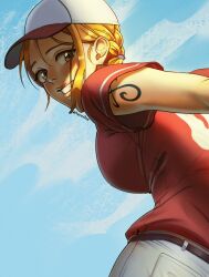 Rule 34 | 1girl, baseball cap, belt, blue sky, braid, breasts, cloud, cloudy sky, commentary, denim, english commentary, from behind, grey pants, grin, hair behind ear, hannitee, hat, highres, jeans, large breasts, lips, long hair, looking at viewer, looking back, nami (one piece), one piece, orange eyes, orange hair, pants, parted lips, pink lips, red shirt, shirt, short hair, short sleeves, shoulder tattoo, single sidelock, sky, smile, solo, tattoo, teeth, twitter username, upper body