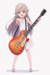 Rule 34 | 1girl, bare shoulders, blush, commentary, dress, electric guitar, full body, gibson, gibson les paul, grey hair, guitar, highres, holding, holding instrument, instrument, long hair, looking at viewer, makaino ririmu, multicolored hair, nijisanji, open mouth, outstretched arm, plectrum, pointy ears, red eyes, red hair, sabamen, sandals, shadow, sidelocks, simple background, sleeveless, sleeveless dress, smile, solo, strap slip, streaked hair, virtual youtuber, white background, white dress