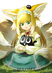 Rule 34 | 1girl, 9 vcat, :d, absurdres, animal, animal ear fluff, animal ears, arknights, black cat, blonde hair, blue hairband, blue skirt, cat, commentary request, fox ears, fox girl, fox tail, frilled hairband, frills, grass, green eyes, hairband, highres, long hair, long sleeves, luo xiaohei zhanji, multicolored hair, open mouth, puffy long sleeves, puffy sleeves, shirt, simple background, skirt, smile, solo, suzuran (arknights), suzuran (spring praise) (arknights), tail, two-tone hair, very long hair, white background, white hair, white shirt