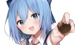 Rule 34 | 1girl, :d, blue bow, blue eyes, blue hair, bow, candy, chocolate, chocolate heart, cirno, collared shirt, eyebrows hidden by hair, food, hair bow, heart, highres, holding, holding chocolate, holding food, incoming food, karasusou nano, looking at viewer, open mouth, shirt, short hair, short sleeves, simple background, smile, solo, touhou, upper body, white background, white shirt
