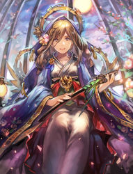 Rule 34 | 1girl, :d, brown eyes, brown hair, flower, flower on head, from below, halo, holding, hood, katana, long hair, looking at viewer, mechanical halo, open mouth, original, smile, solo, sword, weapon, yunomachi