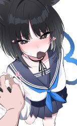 Rule 34 | 1girl, 1other, absurdres, animal ears, black eyes, black hair, black nails, black sailor collar, black skirt, blue archive, blue neckerchief, blush, candy, cat ears, cat tail, chocolate, chocolate heart, fingernails, food, heart, highres, ichiki 1, kikyou (blue archive), long sleeves, looking at viewer, multiple tails, nail polish, neckerchief, pleated skirt, sailor collar, school uniform, serafuku, short hair, simple background, skirt, tail, two tails, white background