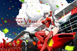 Rule 34 | 1girl, absurdres, alternate costume, asymmetrical gloves, azur lane, black panties, blue sky, boots, bow, breasts, car, chinese commentary, clothing cutout, cloud, confetti, covered erect nipples, elbow gloves, ferrari, formula one, formula racer, from below, gloves, grey hair, hair bow, hand in own hair, high heel boots, high heels, highres, kangkehuohuohuo, large breasts, leotard, logo, long hair, looking at viewer, motor vehicle, outdoors, panties, panties under leotard, panty straps, race queen, racecar, racetrack, red bow, red footwear, red leotard, shell (company), single elbow glove, skindentation, sky, strapless, strapless leotard, thigh boots, thighs, two-tone leotard, underboob cutout, underwear, vittorio veneto (azur lane), white eyes, white leotard