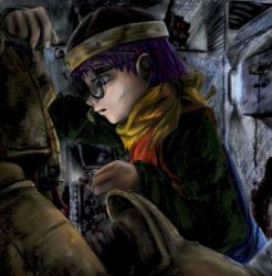 Rule 34 | 1990s (style), 1girl, androgynous, black-framed eyewear, chrono (series), chrono trigger, from side, glasses, hat, long sleeves, lucca ashtear, machinery, profile, purple hair, robo (chrono trigger), scarf, short hair, solo focus, sparkle, upper body