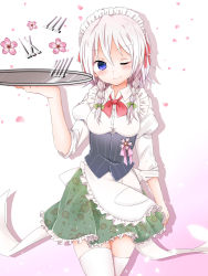 Rule 34 | 1girl, ;), abe suke, apron, blush, bow, bowtie, braid, buttons, cherry blossoms, closed mouth, cowboy shot, floral print, gradient background, green bow, green skirt, hair bow, highres, holding, holding tray, izayoi sakuya, maid, maid headdress, multicolored background, one eye closed, petals, puffy sleeves, purple eyes, red bow, red bowtie, roman numeral, shadow, side braid, skirt, smile, solo, thighhighs, touhou, tray, twin braids, two-tone background, waist apron, white apron, white hair, white thighhighs, zettai ryouiki