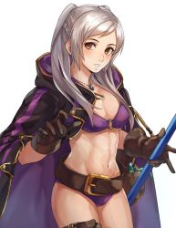 Rule 34 | 1girl, bikini, breasts, cleavage, fire emblem, fire emblem awakening, fire emblem heroes, hair ornament, highres, holding, holding polearm, holding spear, holding weapon, jewelry, kamu (kamuuei), looking at viewer, navel, necklace, nintendo, polearm, robe, robin (female) (fire emblem), robin (fire emblem), simple background, solo, spear, swimsuit, thigh strap, thighs, twintails, weapon, white hair