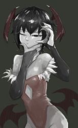 Rule 34 | 1girl, breasts, bridal gauntlets, closed mouth, demon girl, fur-trimmed leotard, fur trim, greyscale, hair between eyes, head wings, leotard, lilith aensland, limited palette, low wings, monochrome, one eye closed, red leotard, short hair, simple background, small breasts, solo, spot color, tirarizun, vampire (game), wings