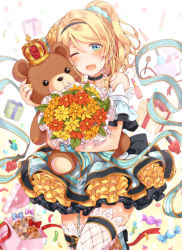 Rule 34 | 1girl, ;d, ayase eli, black neckwear, blonde hair, blue eyes, blush, bottle, bouquet, box, checkerboard cookie, choker, confetti, cookie, cosmetics, crown, dress, earrings, flower, food, frilled dress, frilled sleeves, frills, garter straps, gift, gift box, hair flower, hair ornament, hairband, highres, holding, holding stuffed toy, jewelry, lace, lace-trimmed legwear, lace trim, leg up, lipstick tube, looking at viewer, love live!, love live! school idol festival, love live! school idol project, makeup brush, mogu (au1127), nail polish, one eye closed, open mouth, perfume bottle, ponytail, ribbon, smile, solo, stuffed animal, stuffed toy, teddy bear, thighhighs, wristband, yellow nails