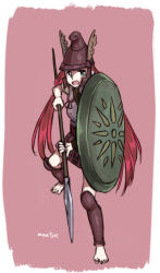 Rule 34 | 1girl, armor, barefoot, full body, greaves, helmet, holding, holding spear, holding weapon, long hair, muutya, original, polearm, red hair, shield, signature, simple background, solo, spear, twintails, weapon