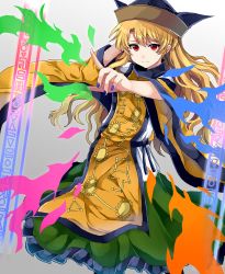 Rule 34 | 1girl, aura, bad id, bad pixiv id, blonde hair, blue nails, commentary request, constellation, green skirt, hat, index finger raised, light smile, long hair, long sleeves, looking at viewer, matara okina, nail polish, red eyes, sameya, skirt, solo, tabard, touhou, wavy hair, wide sleeves
