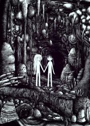 Rule 34 | 2girls, blank stare, cave, cave interior, commentary request, completely nude, crosshatching, expressionless, greyscale, hatching (texture), highres, holding hands, jitome, long hair, looking at viewer, monochrome, multiple girls, nakamura odaku, no mouth, no pupils, nude, original, side-by-side, sidelocks, standing, surreal, twintails, wide shot