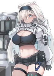 Rule 34 | 1girl, animal ears, arknights, aurora (arknights), aurora (elite ii) (arknights), bad id, bad pixiv id, bear ears, black gloves, black hairband, black shirt, black shorts, blue eyes, breasts, cleavage, commentary request, covered erect nipples, cowboy shot, crop top, gloves, hair over one eye, hairband, infection monitor (arknights), large breasts, long hair, looking at viewer, midriff, navel, parted lips, partial commentary, pouch, shirt, short shorts, shorts, shrug (clothing), silver hair, simple background, smile, solo, standing, stomach, taut clothes, taut shirt, thigh strap, thighs, very long hair, white background, yuzuruka (bougainvillea)
