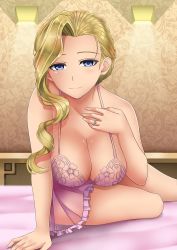 Rule 34 | 1girl, azur lane, blonde hair, blue eyes, breasts, cleavage, commentary request, hair over shoulder, highres, hood (azur lane), jewelry, large breasts, leaning forward, light smile, lingerie, long hair, looking at viewer, nightgown, on bed, ornate ring, pink nightgown, ring, sakuya (liao kj), see-through, sitting, solo, underwear, wedding ring
