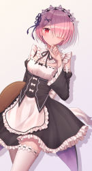 Rule 34 | 1girl, apron, black bow, black dress, black ribbon, blush, bow, breasts, commentary, detached sleeves, dress, flower, frilled apron, frilled sleeves, frills, gradient background, hair flower, hair ornament, hair over one eye, hand up, highres, holding, holding tray, juliet sleeves, long sleeves, looking at viewer, neck ribbon, parted lips, pink hair, puffy sleeves, ram (re:zero), re:zero kara hajimeru isekai seikatsu, red eyes, ribbon, roswaal mansion maid uniform, seungju lee, short hair, simple background, small breasts, solo, thighhighs, tray, two-tone dress, waist apron, white bow, white dress, white thighhighs, x hair ornament