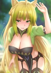 Rule 34 | 1girl, ahoge, alternate breast size, animal ears, atalanta (fate), black thighhighs, blonde hair, blush, braid, breasts, cat ears, cat girl, cat tail, cleavage, fate/apocrypha, fate (series), french braid, garter belt, ginhaha, green eyes, green hair, green shirt, hand up, highres, large breasts, long hair, looking at viewer, multicolored hair, open mouth, pelvic curtain, puffy short sleeves, puffy sleeves, shirt, short sleeves, shrug (clothing), smile, tail, thighhighs, two-tone hair